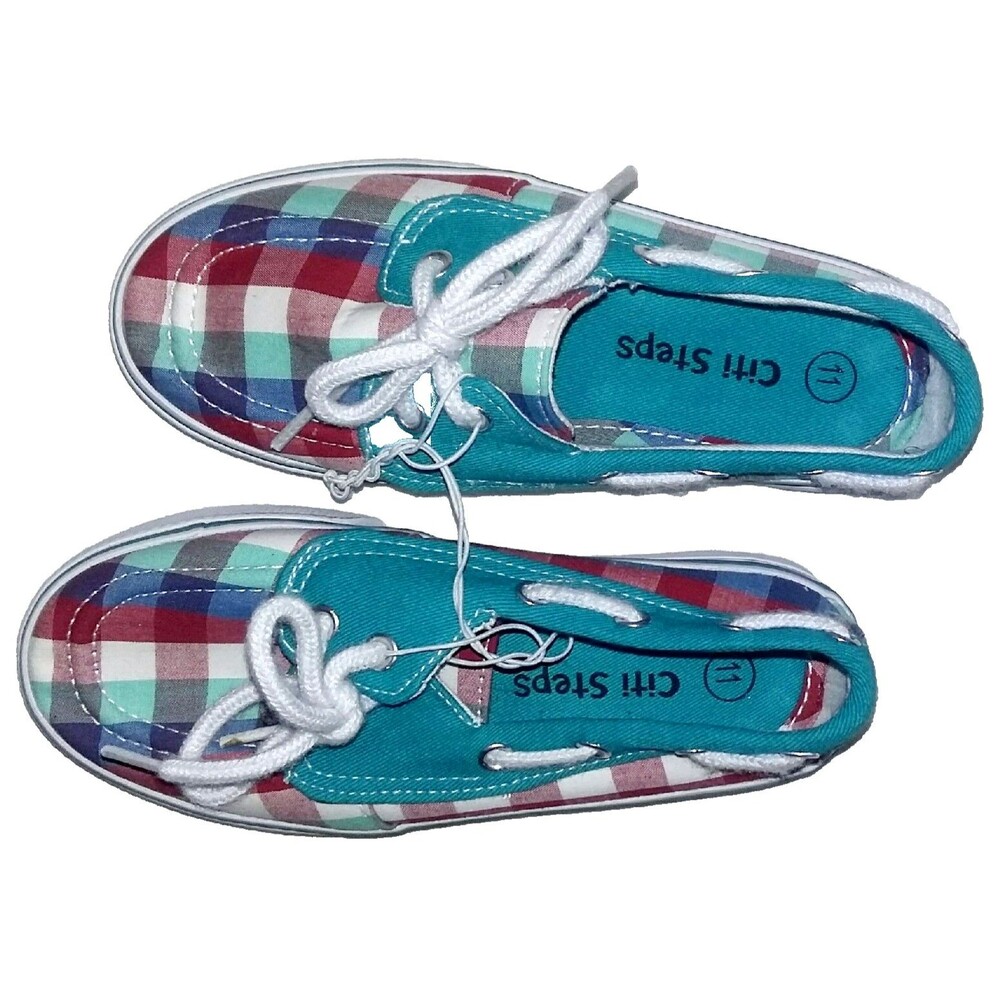 Kids Multi-Color Plaid Teal Casual Lace Boat Toddler Shoes Size 11